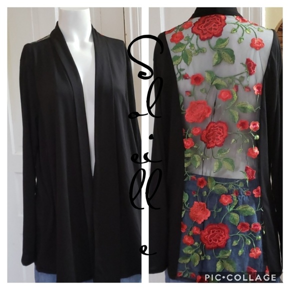 soliellee Sweaters - Soleillee black cardigan with sheer rose back 2x